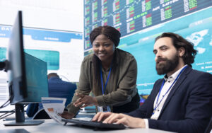 Business experts analyzing trading strategies.